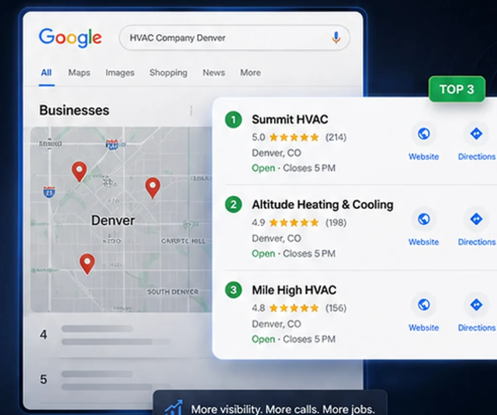 Google local pack showing top 3 ranked Denver HVAC businesses